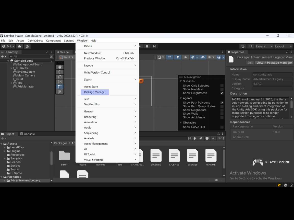 Install the Unity Advertisement Package