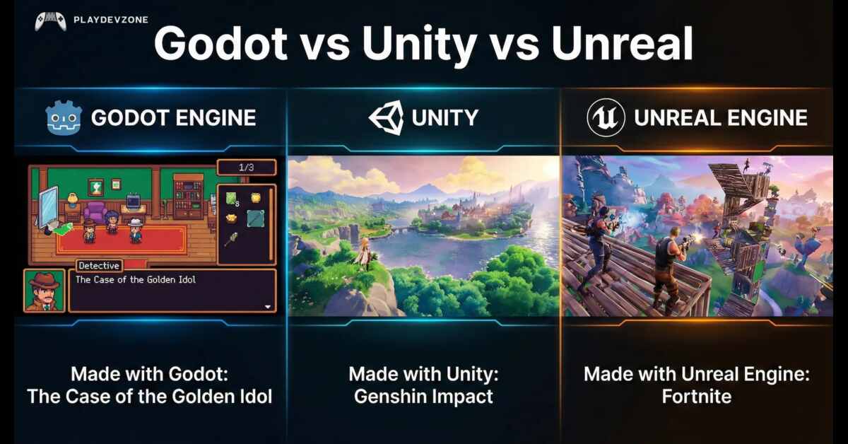 Cross platform game development using Unity, Unreal Engine, and Godot game engines
